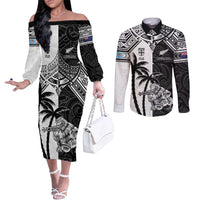 Custom New Zealand And Fiji Rugby 2024 Couples Matching Off The Shoulder Long Sleeve Dress and Long Sleeve Button Shirt Maori Kiwi With Fijian Palm Tree LT05 Black - Polynesian Pride