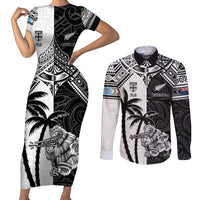 Custom New Zealand And Fiji Rugby 2024 Couples Matching Short Sleeve Bodycon Dress and Long Sleeve Button Shirt Maori Kiwi With Fijian Palm Tree LT05 Black - Polynesian Pride