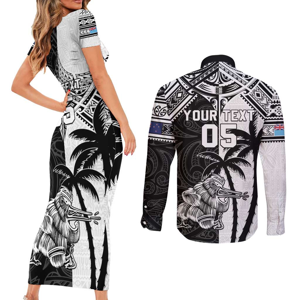 Custom New Zealand And Fiji Rugby 2024 Couples Matching Short Sleeve Bodycon Dress and Long Sleeve Button Shirt Maori Kiwi With Fijian Palm Tree LT05 - Polynesian Pride