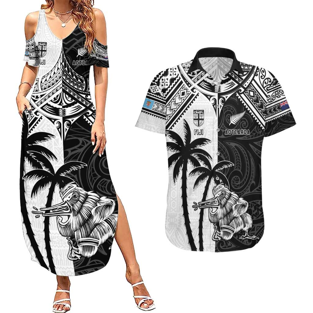 Custom New Zealand And Fiji Rugby 2024 Couples Matching Summer Maxi Dress and Hawaiian Shirt Maori Kiwi With Fijian Palm Tree LT05 Black - Polynesian Pride