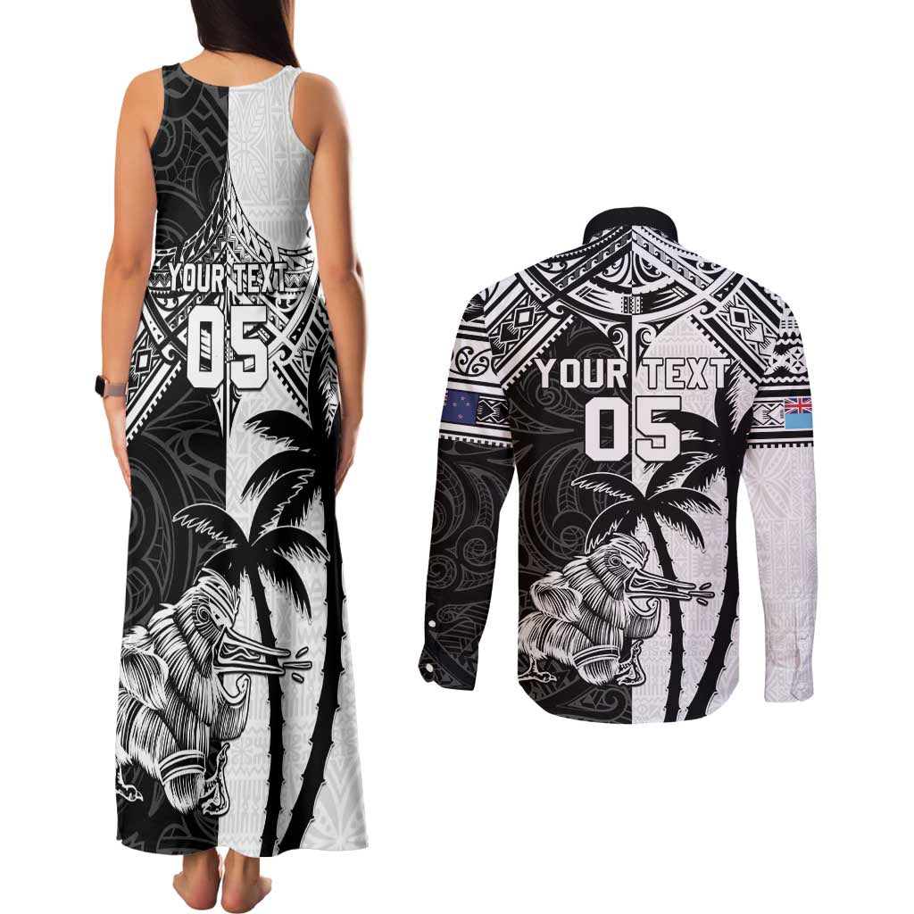 Custom New Zealand And Fiji Rugby 2024 Couples Matching Tank Maxi Dress and Long Sleeve Button Shirt Maori Kiwi With Fijian Palm Tree LT05 - Polynesian Pride
