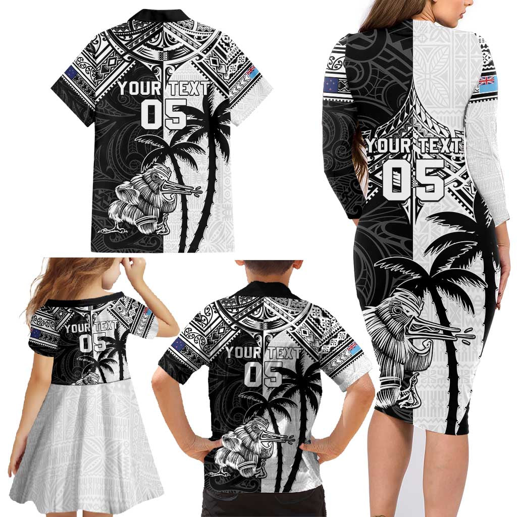 Custom New Zealand And Fiji Rugby 2024 Family Matching Long Sleeve Bodycon Dress and Hawaiian Shirt Maori Kiwi With Fijian Palm Tree LT05 - Polynesian Pride