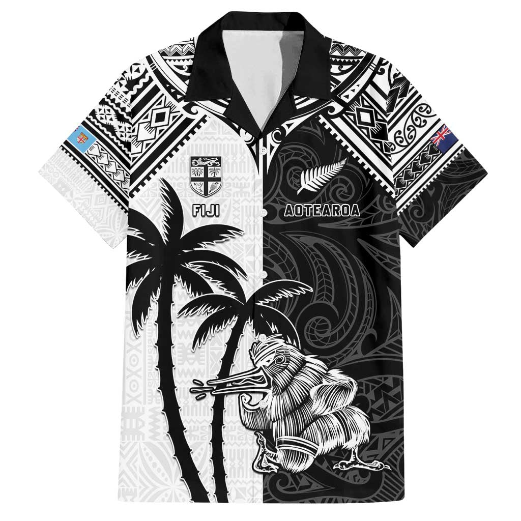 Custom New Zealand And Fiji Rugby 2024 Family Matching Long Sleeve Bodycon Dress and Hawaiian Shirt Maori Kiwi With Fijian Palm Tree LT05 Dad's Shirt - Short Sleeve Black - Polynesian Pride