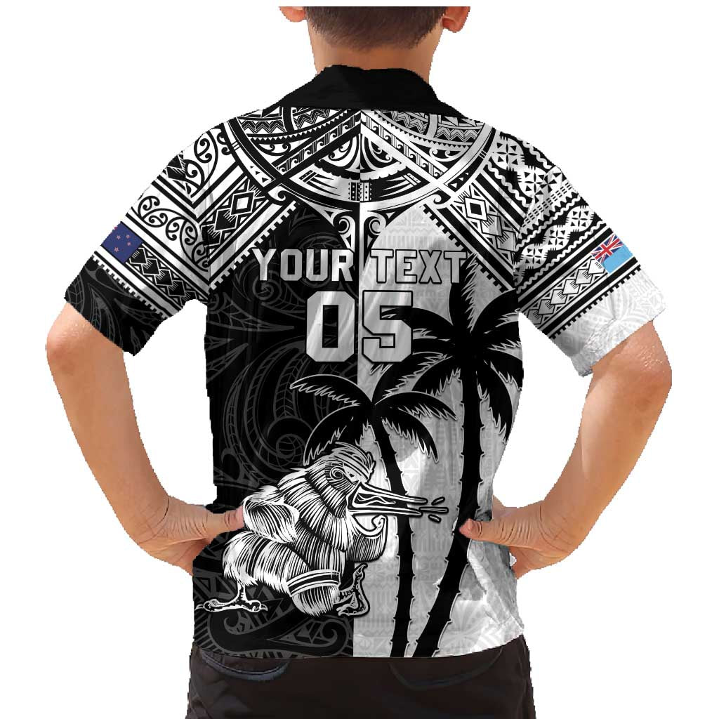 Custom New Zealand And Fiji Rugby 2024 Family Matching Mermaid Dress and Hawaiian Shirt Maori Kiwi With Fijian Palm Tree LT05 - Polynesian Pride