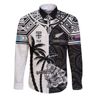 Custom New Zealand And Fiji Rugby 2024 Family Matching Mermaid Dress and Hawaiian Shirt Maori Kiwi With Fijian Palm Tree LT05 Dad's Shirt - Long Sleeve Black - Polynesian Pride