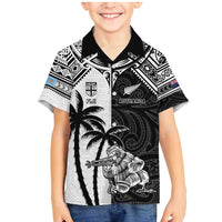 Custom New Zealand And Fiji Rugby 2024 Family Matching Mermaid Dress and Hawaiian Shirt Maori Kiwi With Fijian Palm Tree LT05 Son's Shirt Black - Polynesian Pride