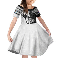 Custom New Zealand And Fiji Rugby 2024 Family Matching Off The Shoulder Long Sleeve Dress and Hawaiian Shirt Maori Kiwi With Fijian Palm Tree LT05 Daughter's Dress Black - Polynesian Pride