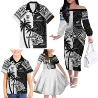 Custom New Zealand And Fiji Rugby 2024 Family Matching Off The Shoulder Long Sleeve Dress and Hawaiian Shirt Maori Kiwi With Fijian Palm Tree LT05 - Polynesian Pride