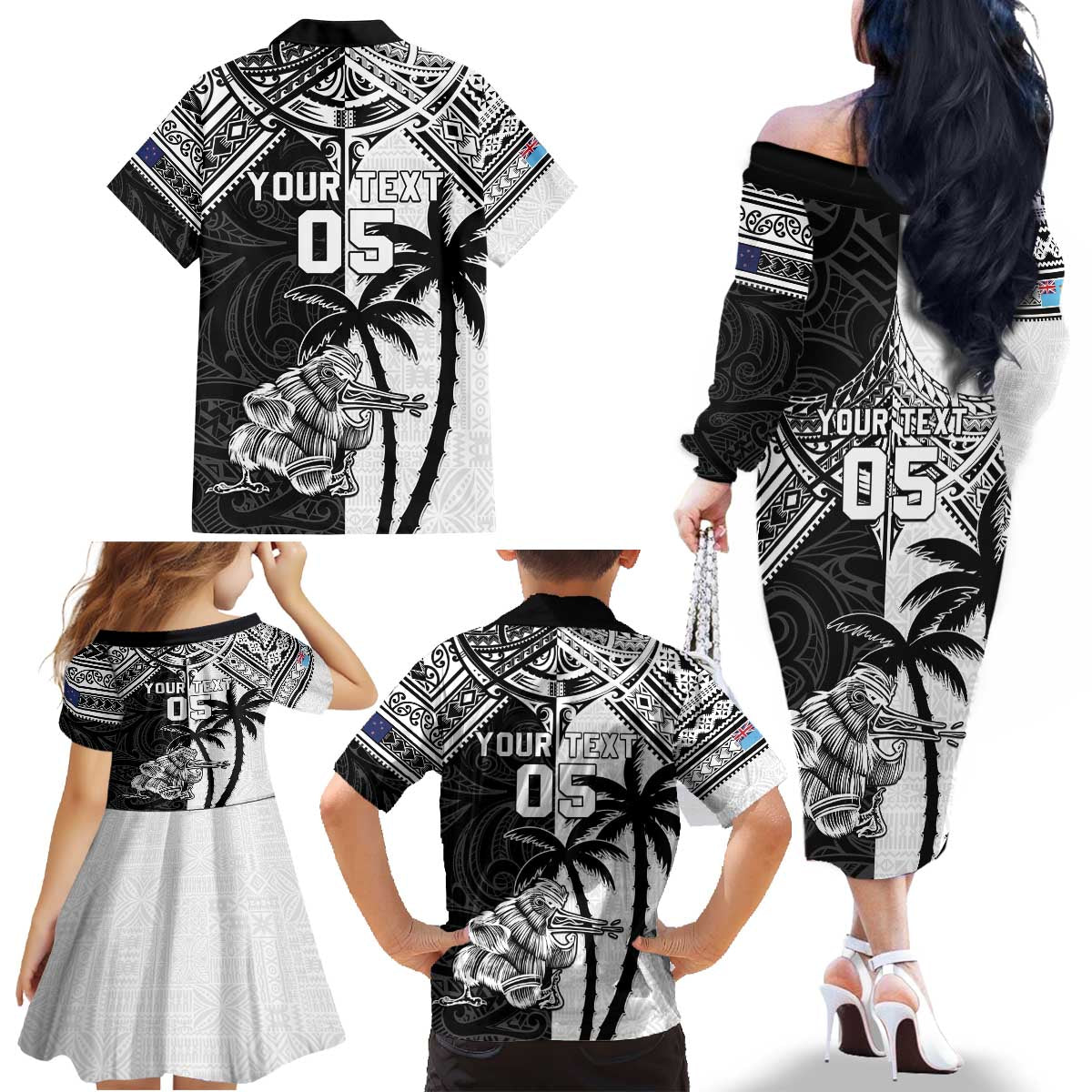 Custom New Zealand And Fiji Rugby 2024 Family Matching Off The Shoulder Long Sleeve Dress and Hawaiian Shirt Maori Kiwi With Fijian Palm Tree LT05 - Polynesian Pride