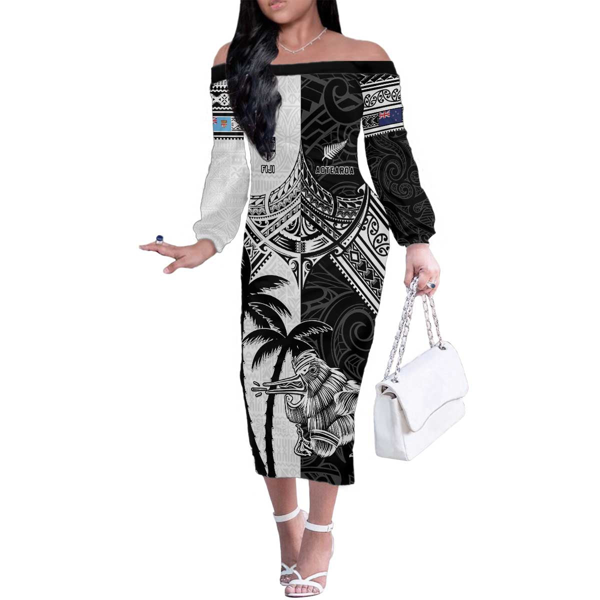 Custom New Zealand And Fiji Rugby 2024 Family Matching Off The Shoulder Long Sleeve Dress and Hawaiian Shirt Maori Kiwi With Fijian Palm Tree LT05 Mom's Dress Black - Polynesian Pride
