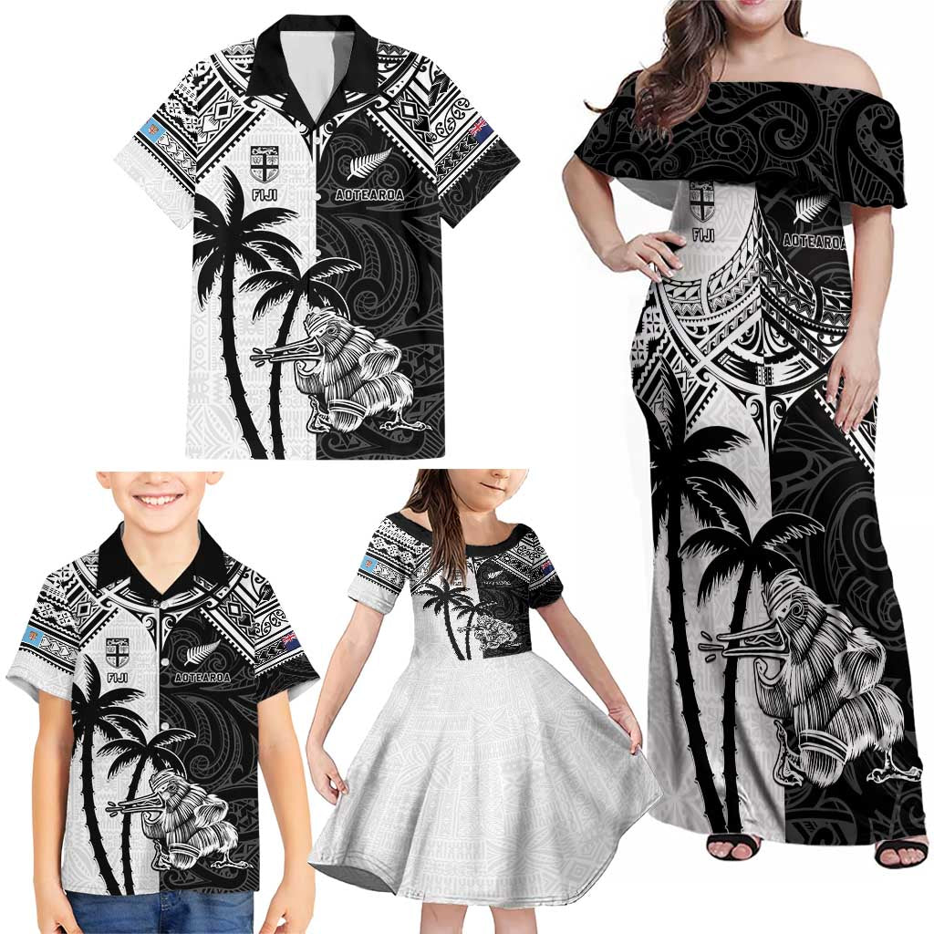 Custom New Zealand And Fiji Rugby 2024 Family Matching Off Shoulder Maxi Dress and Hawaiian Shirt Maori Kiwi With Fijian Palm Tree LT05 - Polynesian Pride