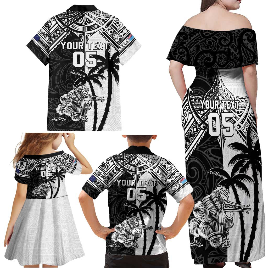 Custom New Zealand And Fiji Rugby 2024 Family Matching Off Shoulder Maxi Dress and Hawaiian Shirt Maori Kiwi With Fijian Palm Tree LT05 - Polynesian Pride