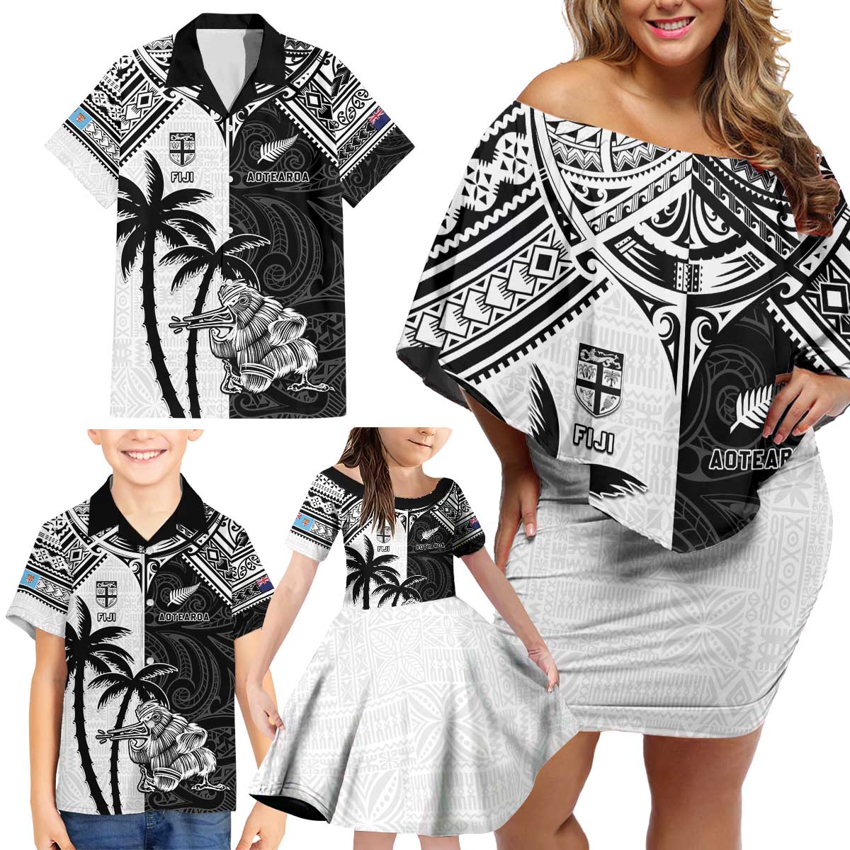 Custom New Zealand And Fiji Rugby 2024 Family Matching Off Shoulder Short Dress and Hawaiian Shirt Maori Kiwi With Fijian Palm Tree LT05 - Polynesian Pride