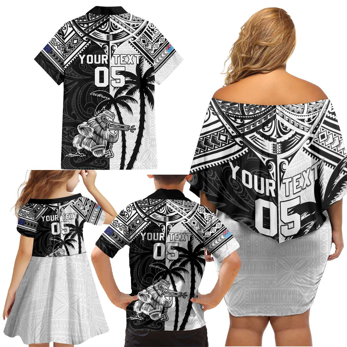 Custom New Zealand And Fiji Rugby 2024 Family Matching Off Shoulder Short Dress and Hawaiian Shirt Maori Kiwi With Fijian Palm Tree LT05 - Polynesian Pride