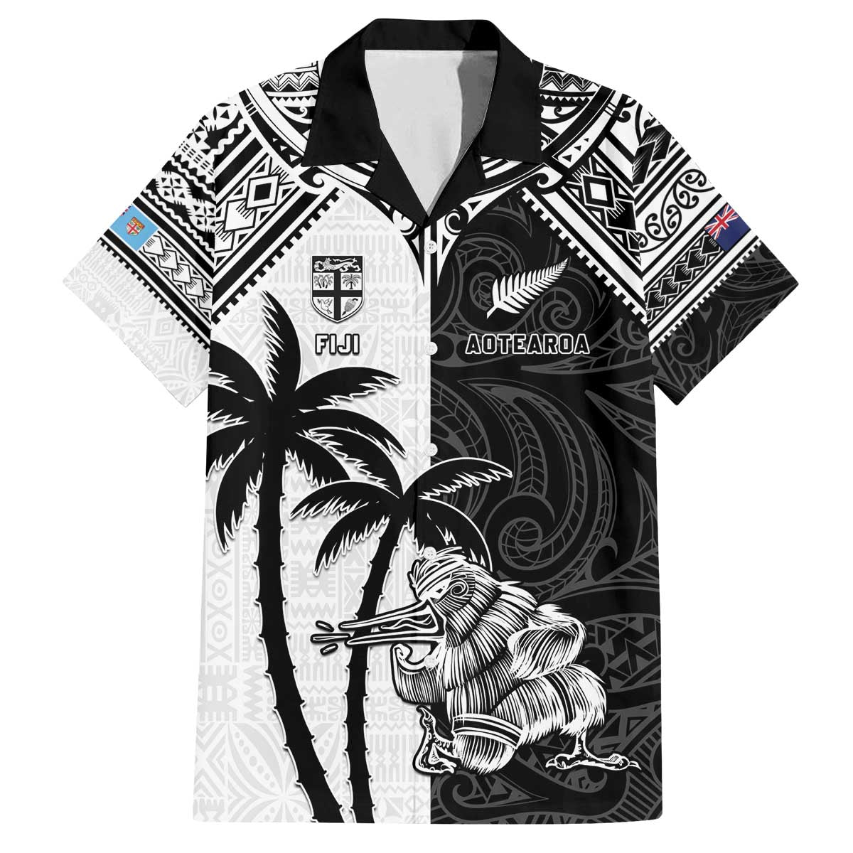 Custom New Zealand And Fiji Rugby 2024 Family Matching Off Shoulder Short Dress and Hawaiian Shirt Maori Kiwi With Fijian Palm Tree LT05 Dad's Shirt - Short Sleeve Black - Polynesian Pride