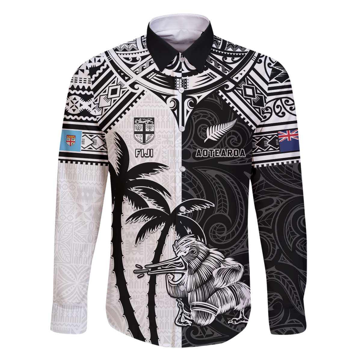 Custom New Zealand And Fiji Rugby 2024 Family Matching Off Shoulder Short Dress and Hawaiian Shirt Maori Kiwi With Fijian Palm Tree LT05 Dad's Shirt - Long Sleeve Black - Polynesian Pride