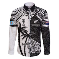 Custom New Zealand And Fiji Rugby 2024 Family Matching Off Shoulder Short Dress and Hawaiian Shirt Maori Kiwi With Fijian Palm Tree LT05 Dad's Shirt - Long Sleeve Black - Polynesian Pride