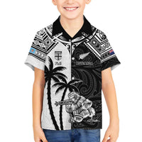Custom New Zealand And Fiji Rugby 2024 Family Matching Off Shoulder Short Dress and Hawaiian Shirt Maori Kiwi With Fijian Palm Tree LT05 Son's Shirt Black - Polynesian Pride