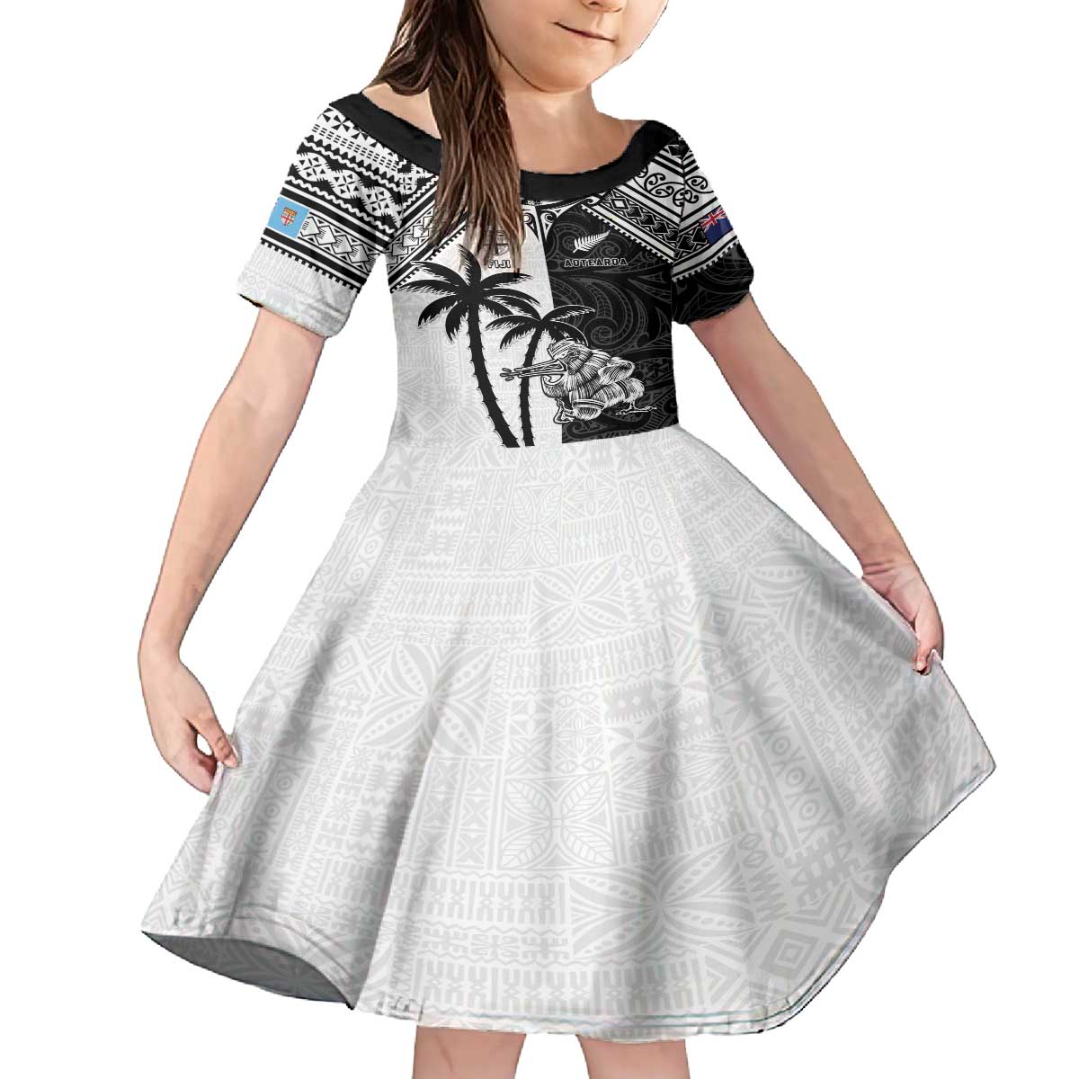 Custom New Zealand And Fiji Rugby 2024 Family Matching Puletasi and Hawaiian Shirt Maori Kiwi With Fijian Palm Tree LT05 Daughter's Dress Black - Polynesian Pride