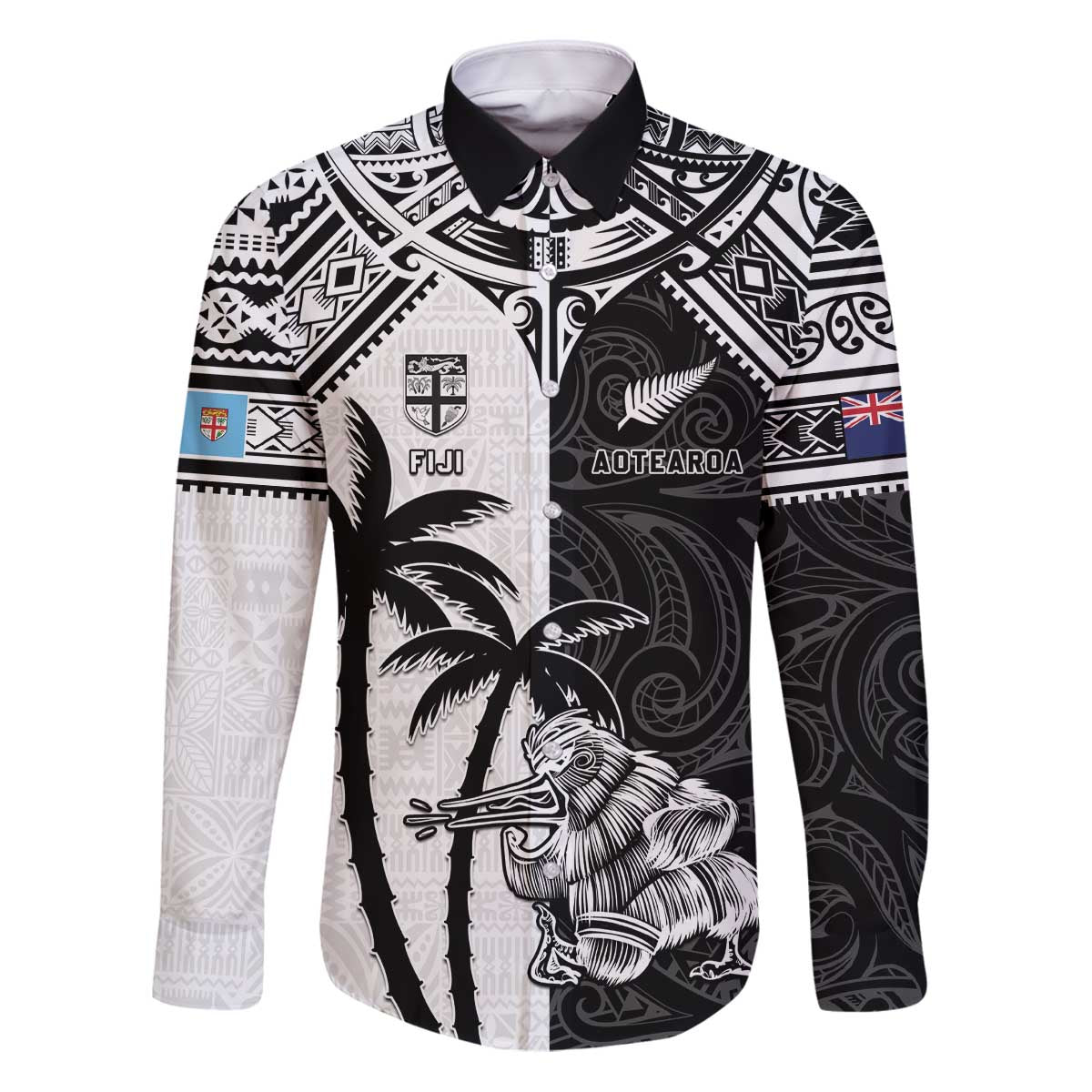 Custom New Zealand And Fiji Rugby 2024 Family Matching Puletasi and Hawaiian Shirt Maori Kiwi With Fijian Palm Tree LT05 Dad's Shirt - Long Sleeve Black - Polynesian Pride