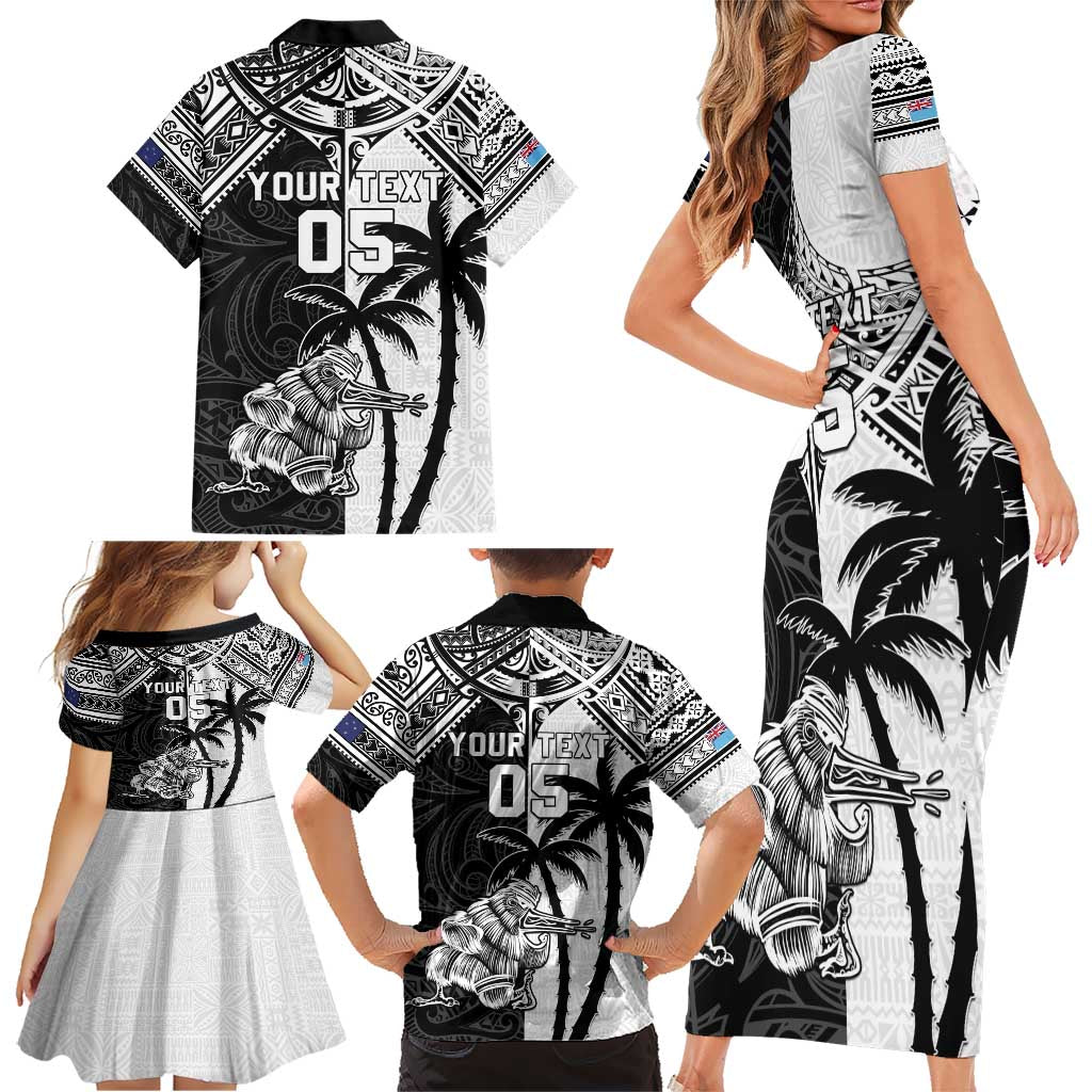 Custom New Zealand And Fiji Rugby 2024 Family Matching Short Sleeve Bodycon Dress and Hawaiian Shirt Maori Kiwi With Fijian Palm Tree LT05 - Polynesian Pride