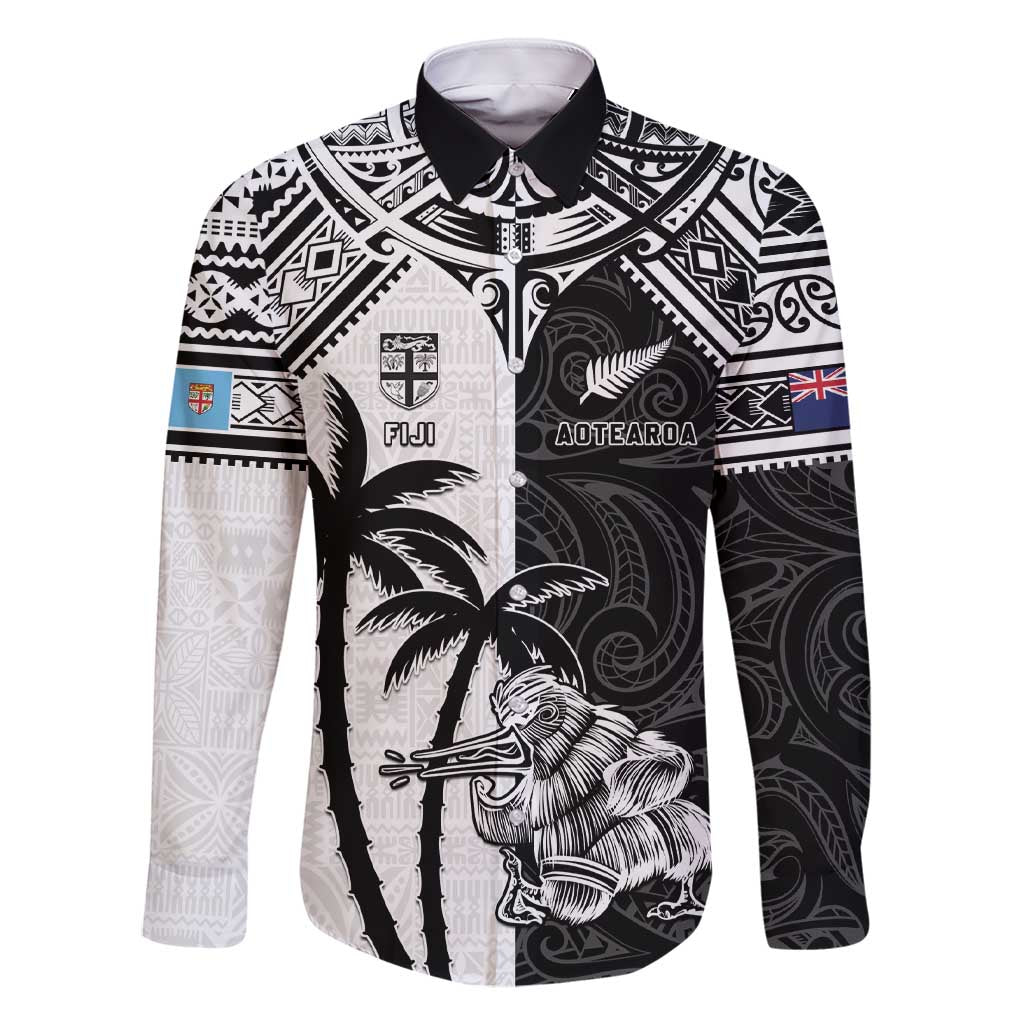 Custom New Zealand And Fiji Rugby 2024 Family Matching Short Sleeve Bodycon Dress and Hawaiian Shirt Maori Kiwi With Fijian Palm Tree LT05 Dad's Shirt - Long Sleeve Black - Polynesian Pride