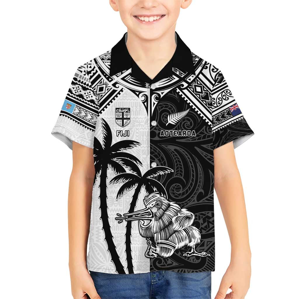 Custom New Zealand And Fiji Rugby 2024 Family Matching Summer Maxi Dress and Hawaiian Shirt Maori Kiwi With Fijian Palm Tree LT05 Son's Shirt Black - Polynesian Pride