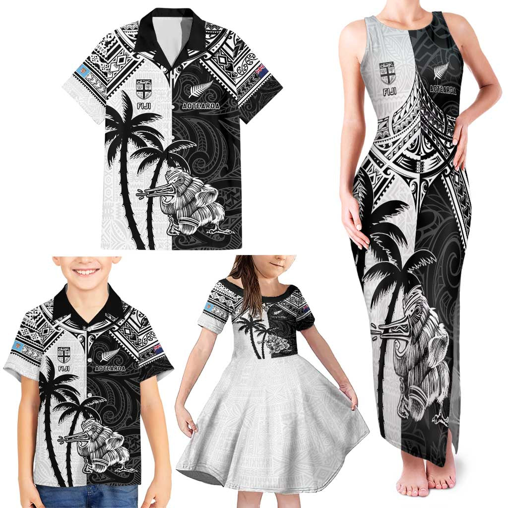 Custom New Zealand And Fiji Rugby 2024 Family Matching Tank Maxi Dress and Hawaiian Shirt Maori Kiwi With Fijian Palm Tree LT05 - Polynesian Pride