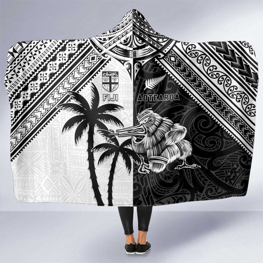 New Zealand And Fiji Rugby 2024 Hooded Blanket Maori Kiwi With Fijian Palm Tree LT05 One Size Black - Polynesian Pride