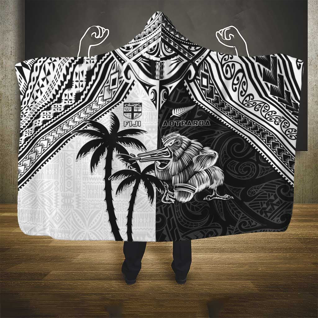 New Zealand And Fiji Rugby 2024 Hooded Blanket Maori Kiwi With Fijian Palm Tree LT05 - Polynesian Pride
