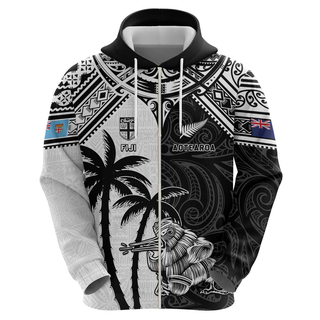 Custom New Zealand And Fiji Rugby 2024 Hoodie Maori Kiwi With Fijian Palm Tree LT05 - Polynesian Pride