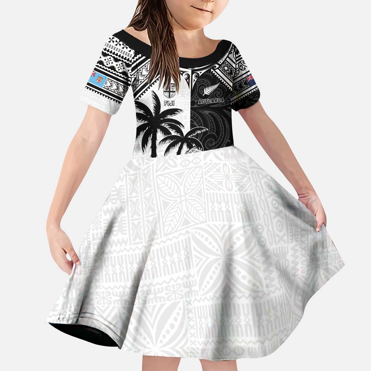 Custom New Zealand And Fiji Rugby 2024 Kid Short Sleeve Dress Maori Kiwi With Fijian Palm Tree LT05 KID Black - Polynesian Pride