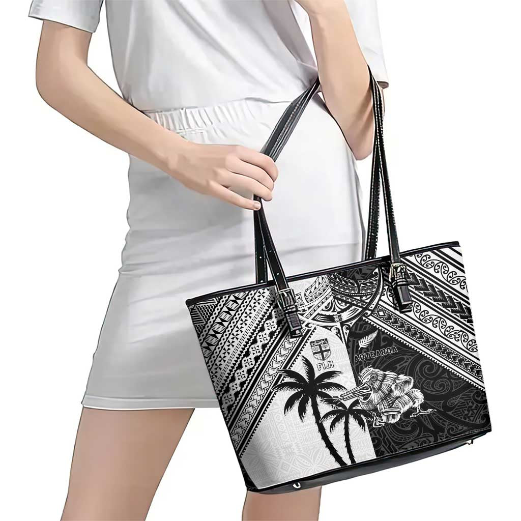 New Zealand And Fiji Rugby 2024 Leather Tote Bag Maori Kiwi With Fijian Palm Tree