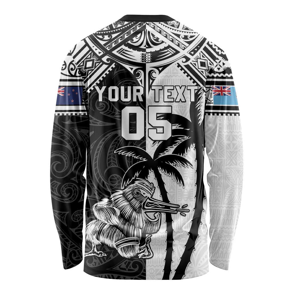 Custom New Zealand And Fiji Rugby 2024 Long Sleeve Shirt Maori Kiwi With Fijian Palm Tree LT05 - Polynesian Pride
