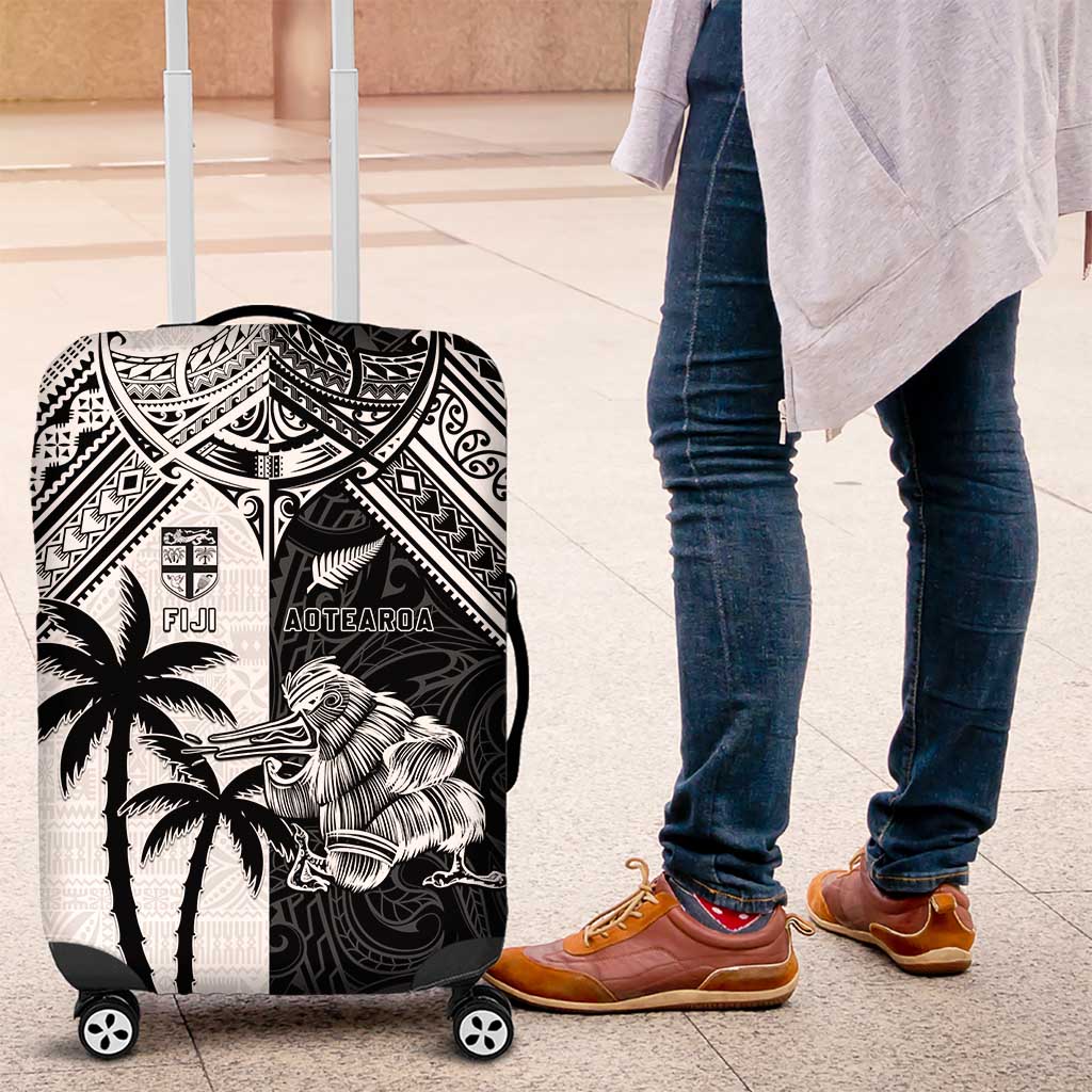 New Zealand And Fiji Rugby 2024 Luggage Cover Maori Kiwi With Fijian Palm Tree LT05 Black - Polynesian Pride