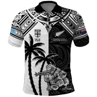 Custom New Zealand And Fiji Rugby 2024 Polo Shirt Maori Kiwi With Fijian Palm Tree LT05 Black - Polynesian Pride