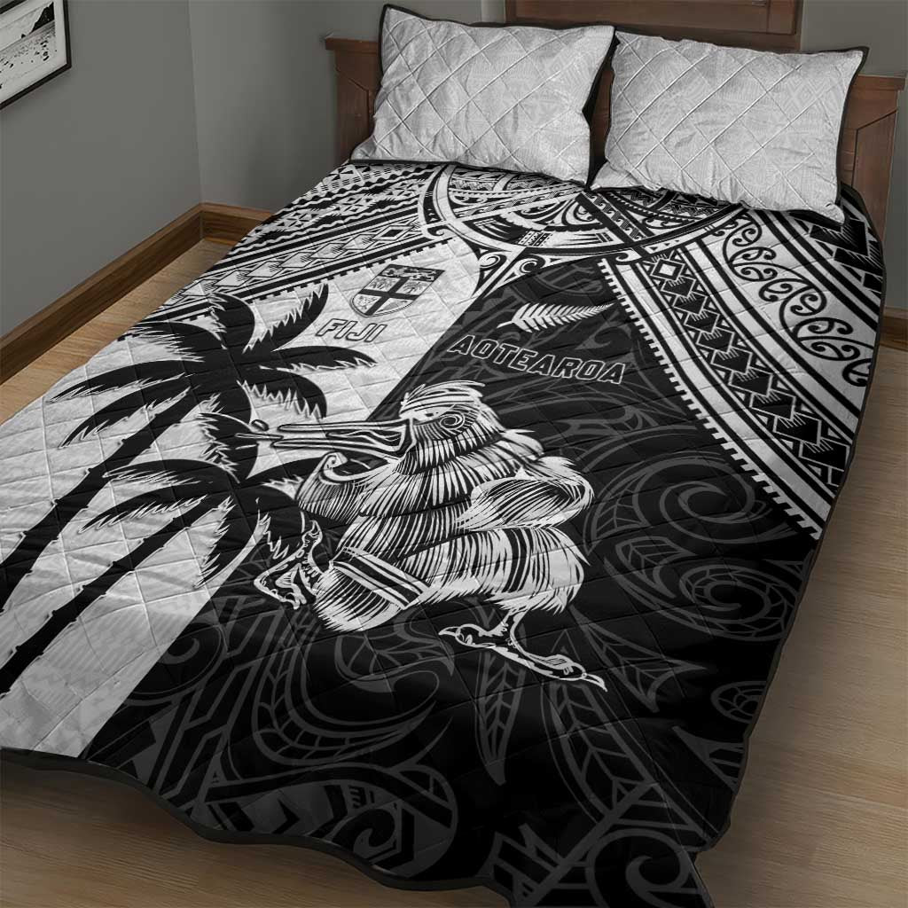 New Zealand And Fiji Rugby 2024 Quilt Bed Set Maori Kiwi With Fijian Palm Tree LT05 - Polynesian Pride