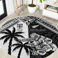 New Zealand And Fiji Rugby 2024 Round Carpet Maori Kiwi With Fijian Palm Tree LT05 Black - Polynesian Pride