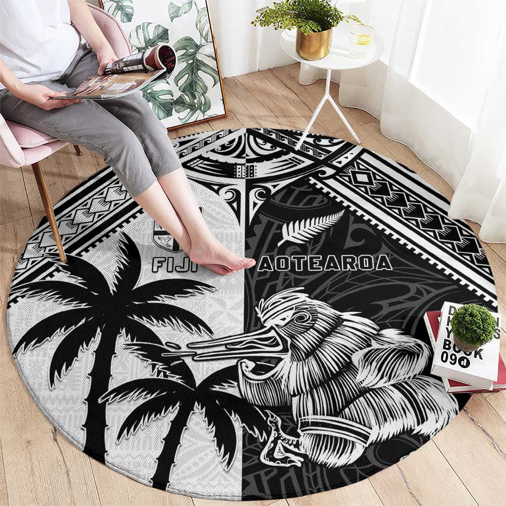 New Zealand And Fiji Rugby 2024 Round Carpet Maori Kiwi With Fijian Palm Tree LT05 - Polynesian Pride