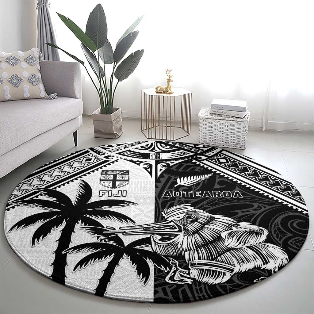 New Zealand And Fiji Rugby 2024 Round Carpet Maori Kiwi With Fijian Palm Tree LT05 - Polynesian Pride