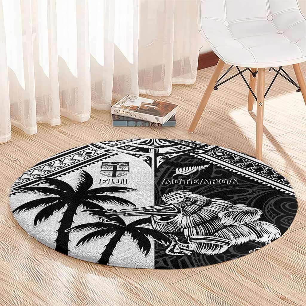 New Zealand And Fiji Rugby 2024 Round Carpet Maori Kiwi With Fijian Palm Tree LT05 - Polynesian Pride