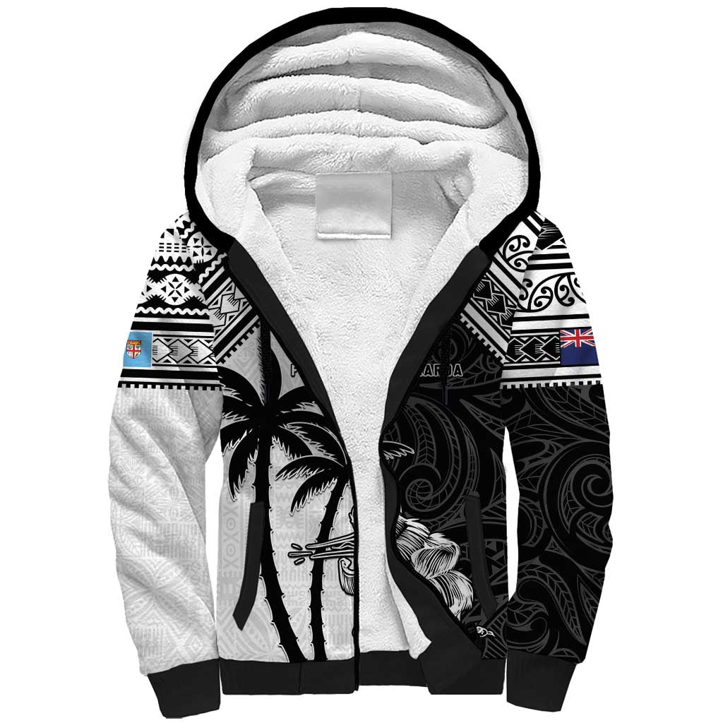 Custom New Zealand And Fiji Rugby 2024 Sherpa Hoodie Maori Kiwi With Fijian Palm Tree LT05 Unisex Black - Polynesian Pride