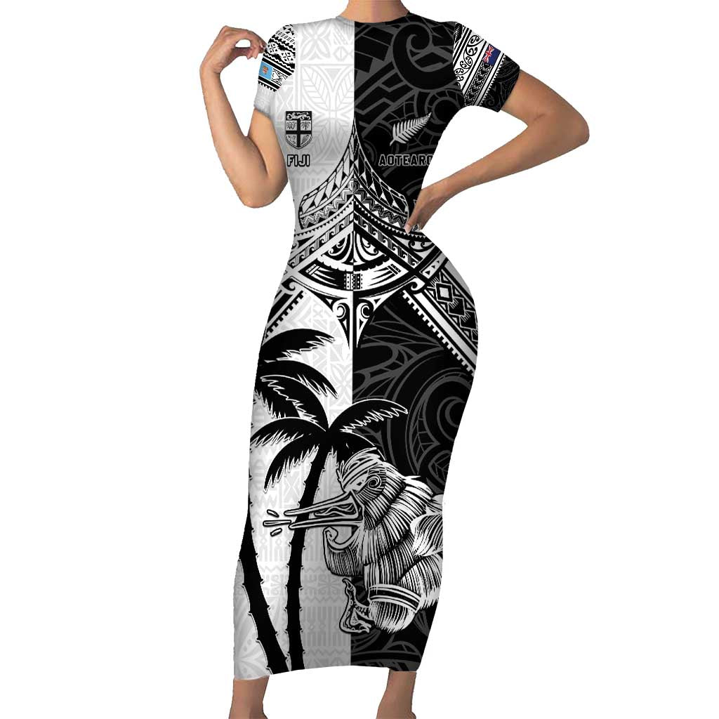 Custom New Zealand And Fiji Rugby 2024 Short Sleeve Bodycon Dress Maori Kiwi With Fijian Palm Tree LT05 Long Dress Black - Polynesian Pride