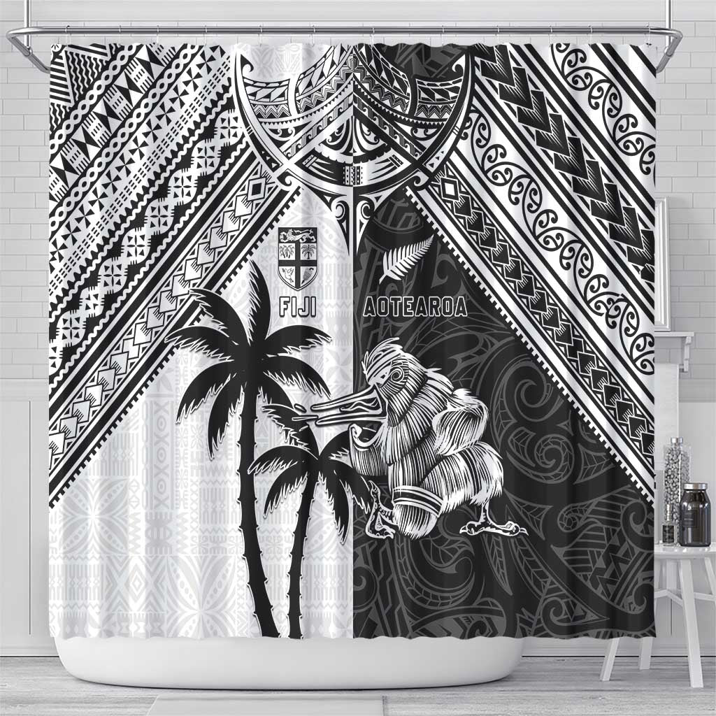 New Zealand And Fiji Rugby 2024 Shower Curtain Maori Kiwi With Fijian Palm Tree LT05 - Polynesian Pride