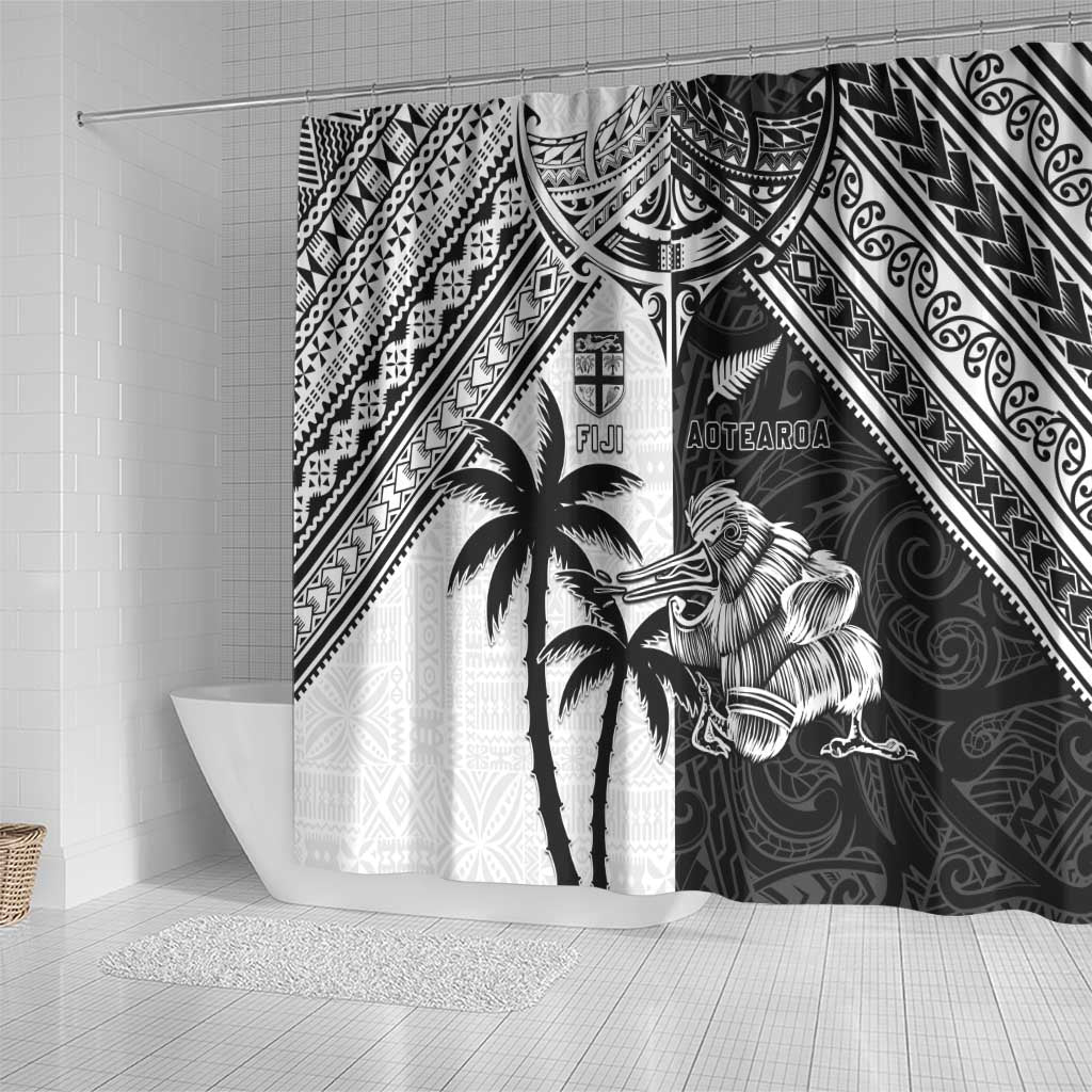 New Zealand And Fiji Rugby 2024 Shower Curtain Maori Kiwi With Fijian Palm Tree LT05 - Polynesian Pride