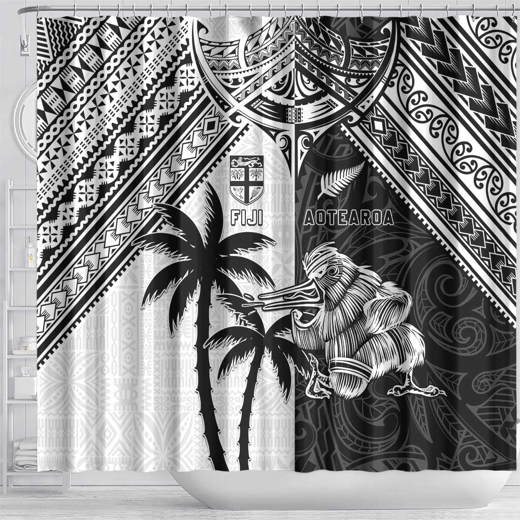 New Zealand And Fiji Rugby 2024 Shower Curtain Maori Kiwi With Fijian Palm Tree LT05 - Polynesian Pride
