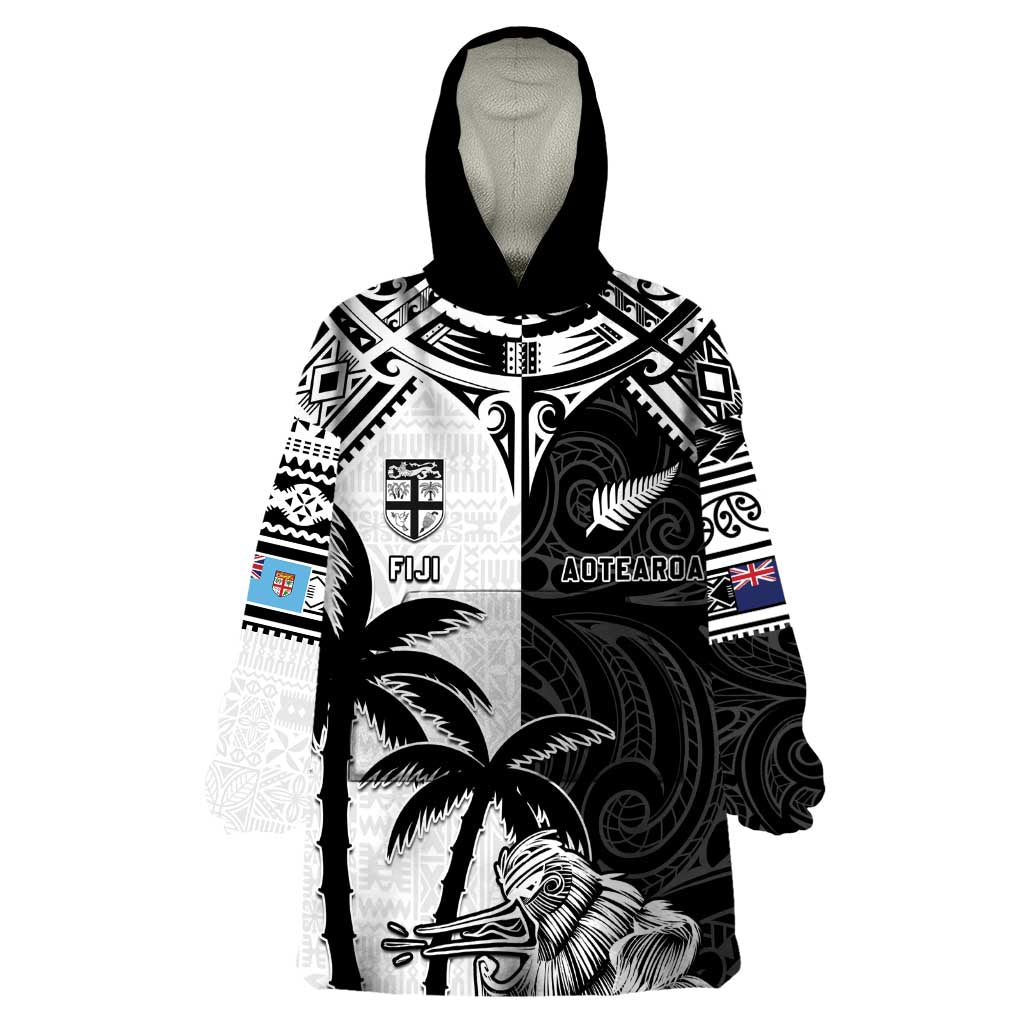 Custom New Zealand And Fiji Rugby 2024 Wearable Blanket Hoodie Maori Kiwi With Fijian Palm Tree LT05 One Size Black - Polynesian Pride