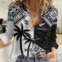 Custom New Zealand And Fiji Rugby 2024 Women Casual Shirt Maori Kiwi With Fijian Palm Tree LT05 Female Black - Polynesian Pride