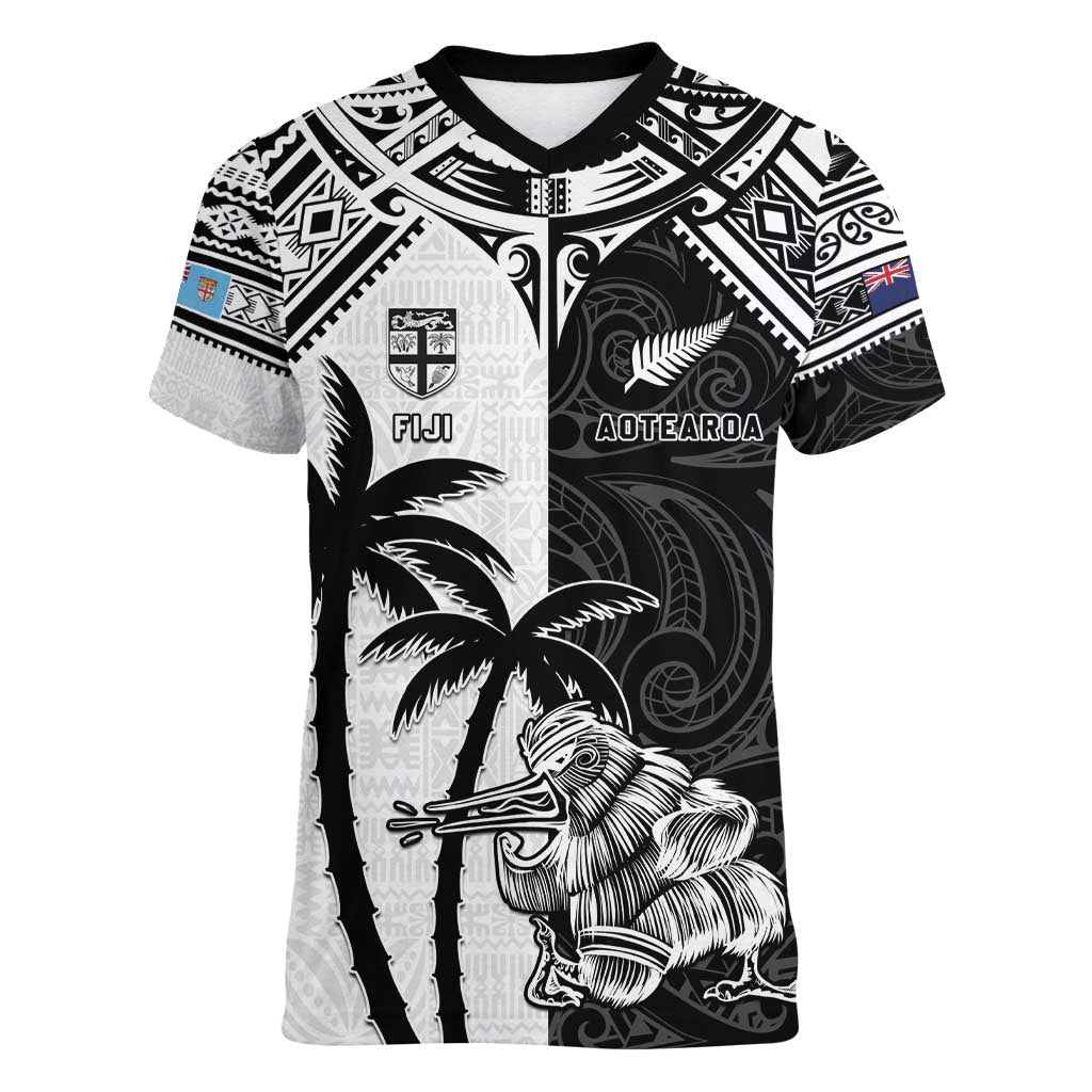 Custom New Zealand And Fiji Rugby 2024 Women V-Neck T-Shirt Maori Kiwi With Fijian Palm Tree LT05 Female Black - Polynesian Pride