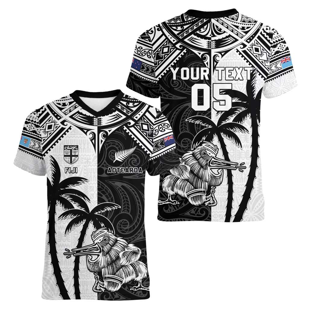 Custom New Zealand And Fiji Rugby 2024 Women V-Neck T-Shirt Maori Kiwi With Fijian Palm Tree LT05 - Polynesian Pride